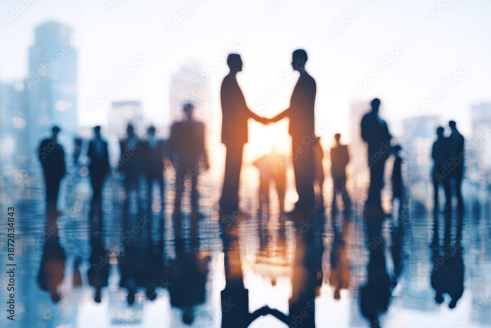 Fototapeta premium Business professionals engage in handshake to forge partnerships with city skyline in the background during sunset hours