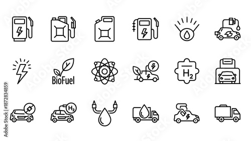 Collection of Simple Line Icons Representing Renewable Energy.