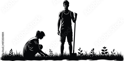 Black Silhouette of Man and Woman Gardening in Field, Couple Working with Shovel and Planting Crops for Sustainable Agriculture Design