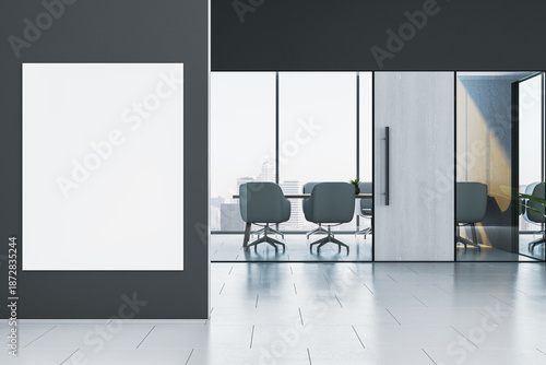 Vertical blank poster mockup on dark office wall near modern glass meeting room with city view and minimal corporate interior design. 3D Rendering © Who is Danny