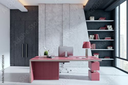 Modern luxury office interior with pink desk, computer and bookshelves by large window overlooking cityscape in stylish workspace setting. 3D Rendering © Who is Danny