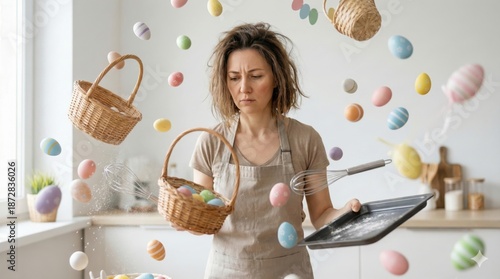 Stressed woman in bright kitchen juggling basket and baking tray as colorful easter eggs float around with copy space, concept of easter preparation stress