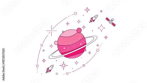 A vibrant pink planet surrounded by stars and spaceships in a cosmic scene from a distant viewpoint