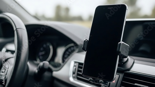 Smartphone mounted on car dashboard for navigation, front seat view of modern car interior