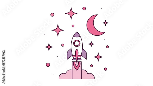 A rocket ship launching into the night sky with stars and a crescent moon