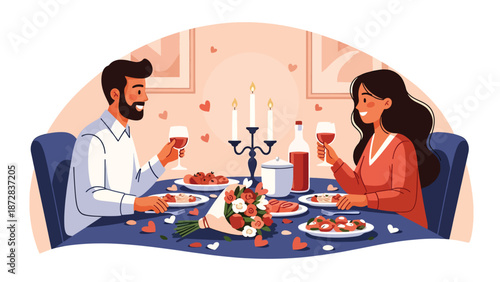 Romantic couple sharing a candlelight dinner at home on Valentine’s Day, flat vector illustration with solid colors, clean outlines, love, intimacy, and lifestyle theme