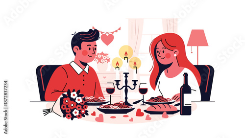 Romantic couple sharing a candlelight dinner at home on Valentine’s Day, flat vector illustration with solid colors, clean outlines, love, intimacy, and lifestyle theme