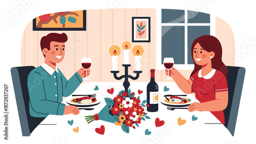 Romantic couple sharing a candlelight dinner at home on Valentine’s Day, flat vector illustration with solid colors, clean outlines, love, intimacy, and lifestyle theme