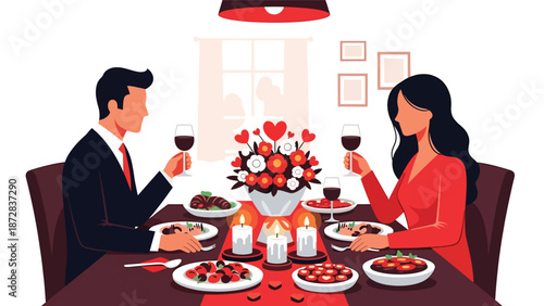 Romantic couple sharing a candlelight dinner at home on Valentine’s Day, flat vector illustration with solid colors, clean outlines, love, intimacy, and lifestyle theme