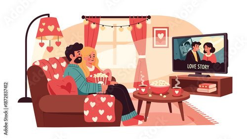 Cozy couple watching a romantic movie together at home on Valentine’s Day, flat vector illustration with solid colors, clean outlines, love and lifestyle entertainment concept