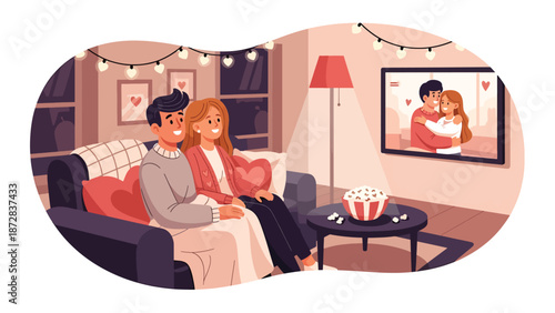 Cozy couple watching a romantic movie together at home on Valentine’s Day, flat vector illustration with solid colors, clean outlines, love and lifestyle entertainment concept