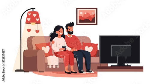 Cozy couple watching a romantic movie together at home on Valentine’s Day, flat vector illustration with solid colors, clean outlines, love and lifestyle entertainment concept