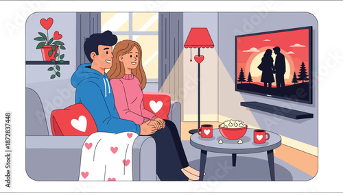 Cozy couple watching a romantic movie together at home on Valentine’s Day, flat vector illustration with solid colors, clean outlines, love and lifestyle entertainment concept