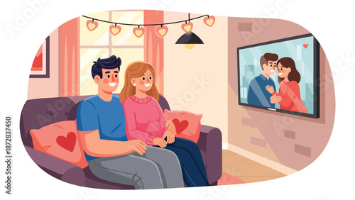 Cozy couple watching a romantic movie together at home on Valentine’s Day, flat vector illustration with solid colors, clean outlines, love and lifestyle entertainment concept