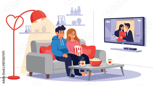 Cozy couple watching a romantic movie together at home on Valentine’s Day, flat vector illustration with solid colors, clean outlines, love and lifestyle entertainment concept