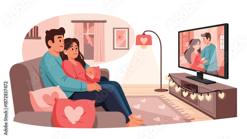 Cozy couple watching a romantic movie together at home on Valentine’s Day, flat vector illustration with solid colors, clean outlines, love and lifestyle entertainment concept