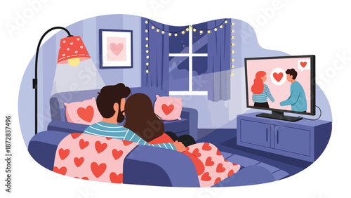 Cozy couple watching a romantic movie together at home on Valentine’s Day, flat vector illustration with solid colors, clean outlines, love and lifestyle entertainment concept