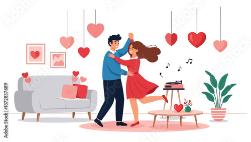Joyful couple dancing together at home with Valentine decorations, flat vector illustration with solid colors and clean outlines, celebration of love and relationship theme