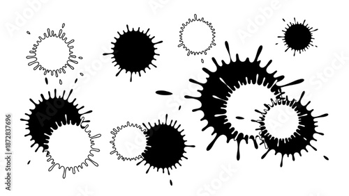 Various virus illustrations in black and white, showcasing different spike configurations and sizes, on a plain white background