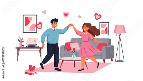 Joyful couple dancing together at home with Valentine decorations, flat vector illustration with solid colors and clean outlines, celebration of love and relationship theme