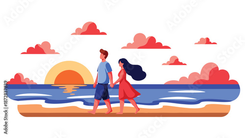 Romantic couple walking along the beach at sunset on Valentine’s Day, flat vector illustration with solid colors, clean outlines, seaside love and lifestyle theme