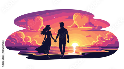 Romantic couple walking along the beach at sunset on Valentine’s Day, flat vector illustration with solid colors, clean outlines, seaside love and lifestyle theme