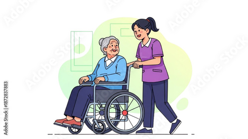 Caregiver assisting elderly woman in a wheelchair with a supportive and caring attitude in a healthcare setting