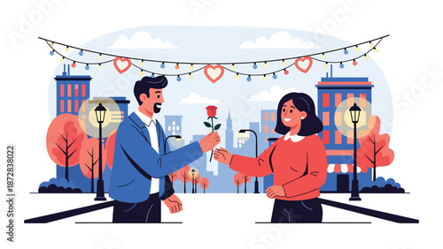 Romantic couple exchanging roses on a city street decorated for Valentine’s Day, flat vector illustration with solid colors and clean outlines, urban love concept