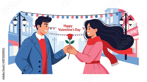 Romantic couple exchanging roses on a city street decorated for Valentine’s Day, flat vector illustration with solid colors and clean outlines, urban love concept