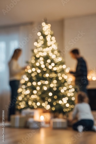 Festive scene with family decorating Christmas tree, warm lights