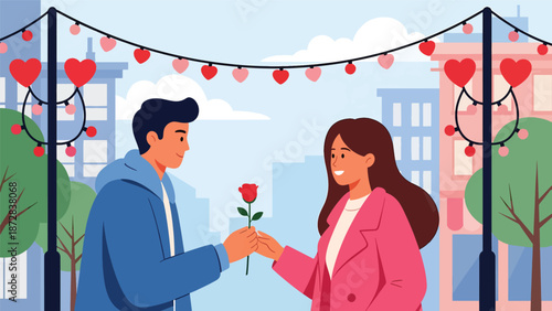 Romantic couple exchanging roses on a city street decorated for Valentine’s Day, flat vector illustration with solid colors and clean outlines, urban love concept