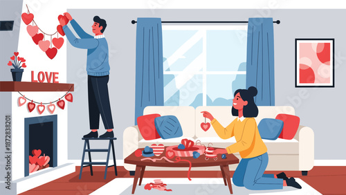 Couple decorating their home with Valentine ornaments together, flat vector illustration with solid colors and clean outlines, playful love and lifestyle preparation concept