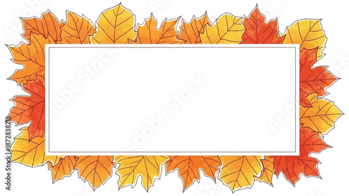 A vibrant autumnal frame adorned with assorted leaves surrounding a blank rectangular space viewed from directly above
