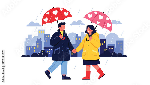 Romantic couple walking under umbrellas on a rainy Valentine evening, flat vector illustration with solid colors and clean outlines, urban love and lifestyle scene