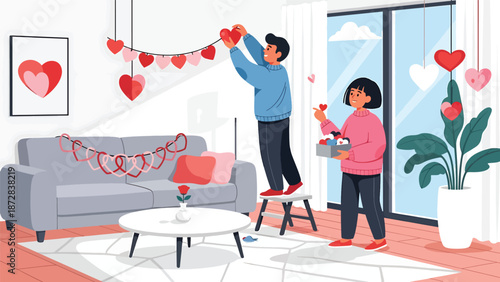 Couple decorating their home with Valentine ornaments together, flat vector illustration with solid colors and clean outlines, playful love and lifestyle preparation concept
