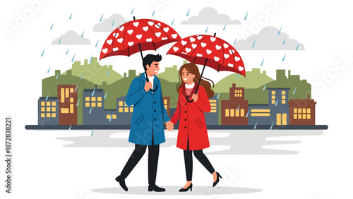 Romantic couple walking under umbrellas on a rainy Valentine evening, flat vector illustration with solid colors and clean outlines, urban love and lifestyle scene