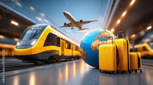 Train and plane with yellow luggage and globe on display at a busy transport station