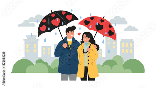 Romantic couple walking under umbrellas on a rainy Valentine evening, flat vector illustration with solid colors and clean outlines, urban love and lifestyle scene