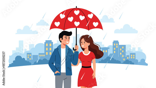 Romantic couple walking under umbrellas on a rainy Valentine evening, flat vector illustration with solid colors and clean outlines, urban love and lifestyle scene