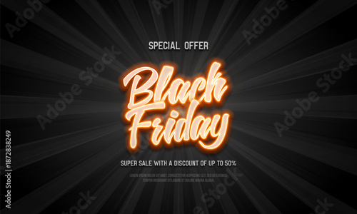 Black Friday banner. Promotion sale poster with discount offer. Marketing advertisement and online store concept. Vector illustration.