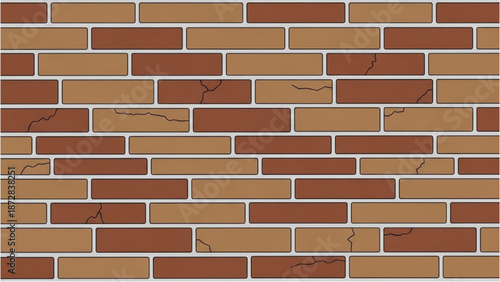 Illustration of a brick wall with cracked bricks and white grout from a straight-on viewpoint