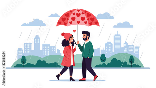 Romantic couple walking under umbrellas on a rainy Valentine evening, flat vector illustration with solid colors and clean outlines, urban love and lifestyle scene