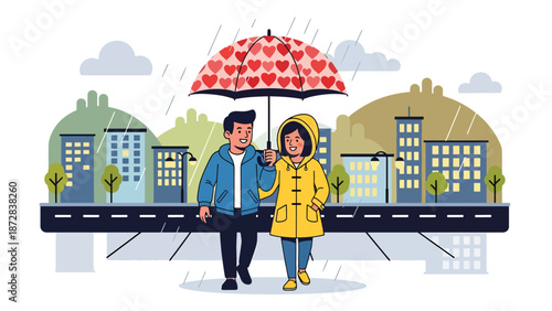 Romantic couple walking under umbrellas on a rainy Valentine evening, flat vector illustration with solid colors and clean outlines, urban love and lifestyle scene