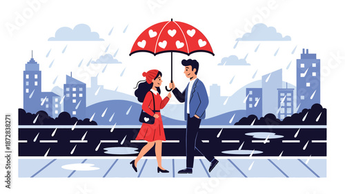 Romantic couple walking under umbrellas on a rainy Valentine evening, flat vector illustration with solid colors and clean outlines, urban love and lifestyle scene