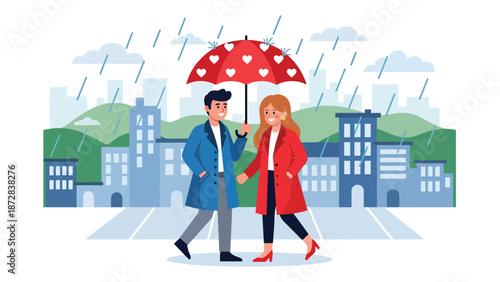 Romantic couple walking under umbrellas on a rainy Valentine evening, flat vector illustration with solid colors and clean outlines, urban love and lifestyle scene