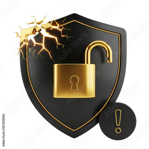 Security Breach Concept: Cracked Shield with Open Golden Padlock and Exclamation Mark