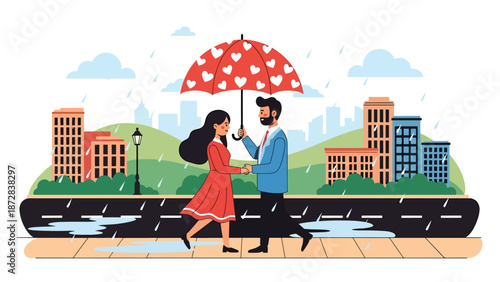 Romantic couple walking under umbrellas on a rainy Valentine evening, flat vector illustration with solid colors and clean outlines, urban love and lifestyle scene
