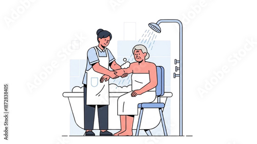 Caregiver assisting an elderly person with taking a shower in a bathroom