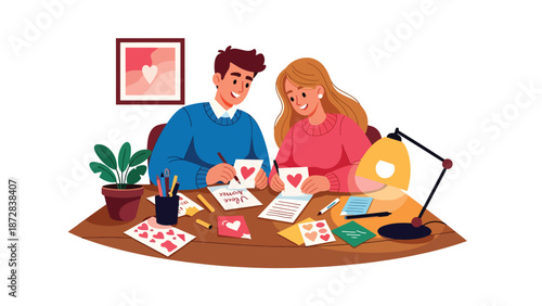 Romantic couple writing Valentine cards together at a desk, flat vector illustration with solid colors and clean outlines, creative love and lifestyle activity theme