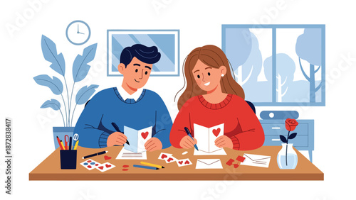 Romantic couple writing Valentine cards together at a desk, flat vector illustration with solid colors and clean outlines, creative love and lifestyle activity theme